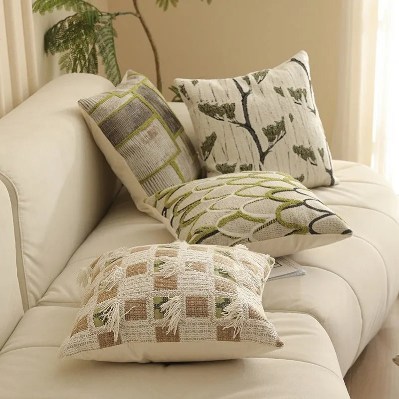 Yarn-dyed jacquard floral pattern cushion cover in 45x45cm size on a grey sofa.