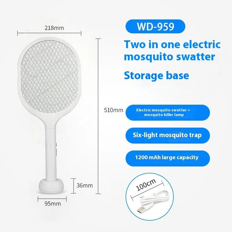 Rechargeable electric mosquito swatter insect killer racket with ABS plastic shell in 959 and 996 colour models.