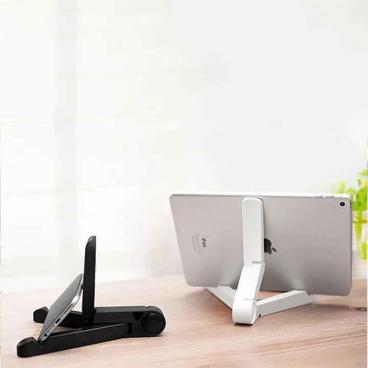 Foldable tablet holder in black showing both folded flat and opened positions with smartphone mounted