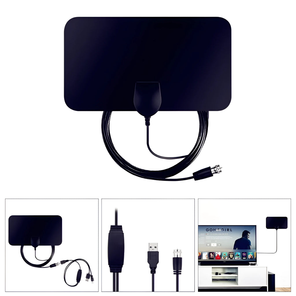 Black digital HD indoor TV antenna panel 210x120mm with 3m coaxial cable for 1080p free channels