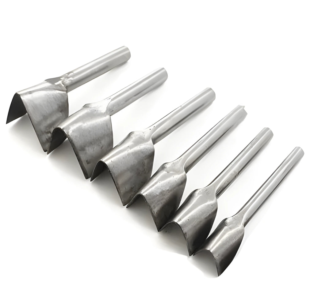 Six steel leather craft punch tools showing half-round and V-shaped profiles in sizes from 15mm to 40mm