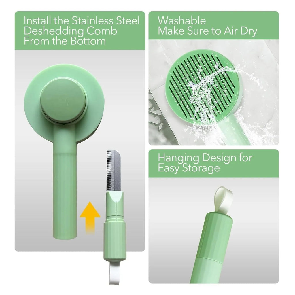 Green and yellow 2-in-1 pet grooming brush with stainless steel teeth and a hanging loop for storage.
