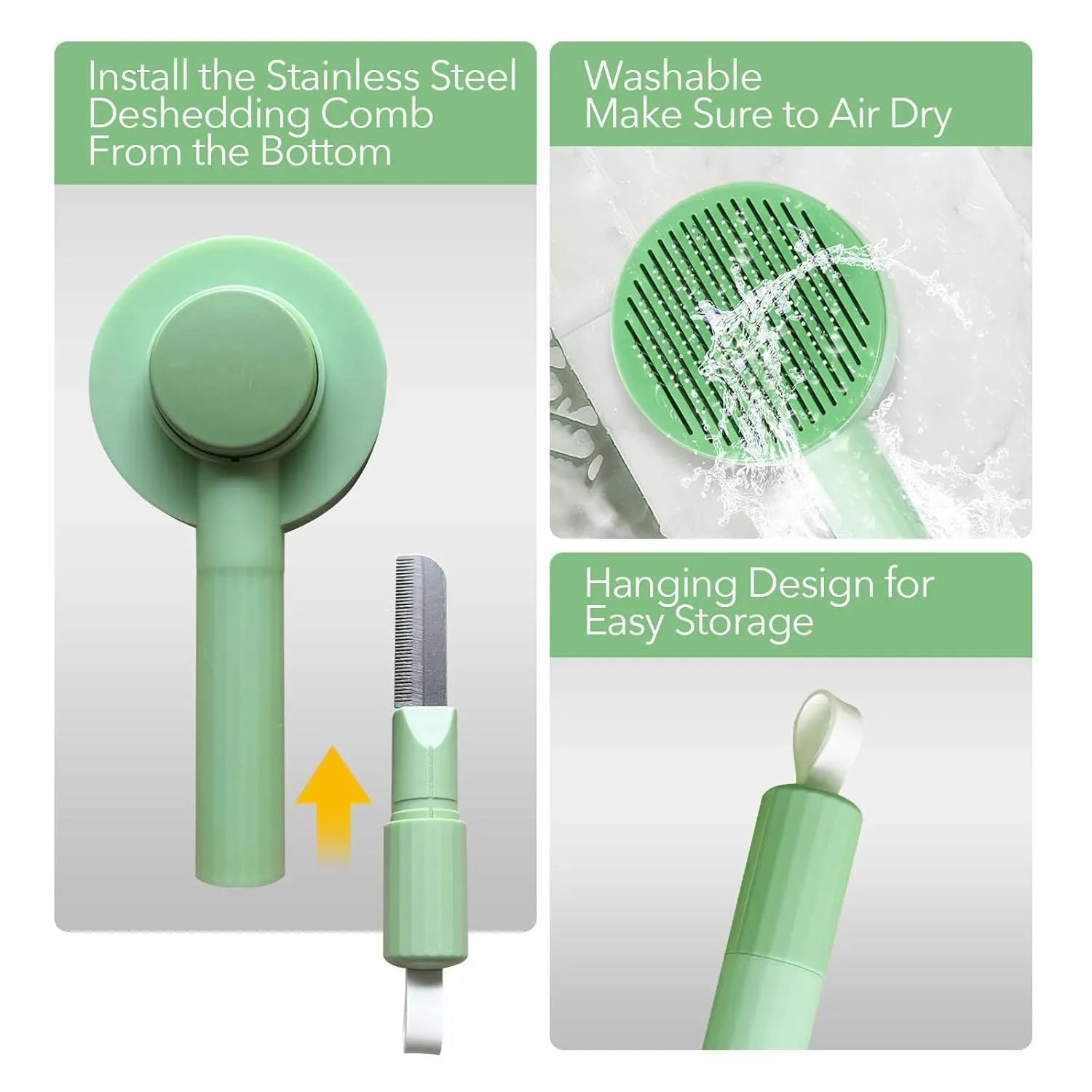 Green and yellow 2-in-1 pet grooming brush with stainless steel teeth and a hanging loop for storage.