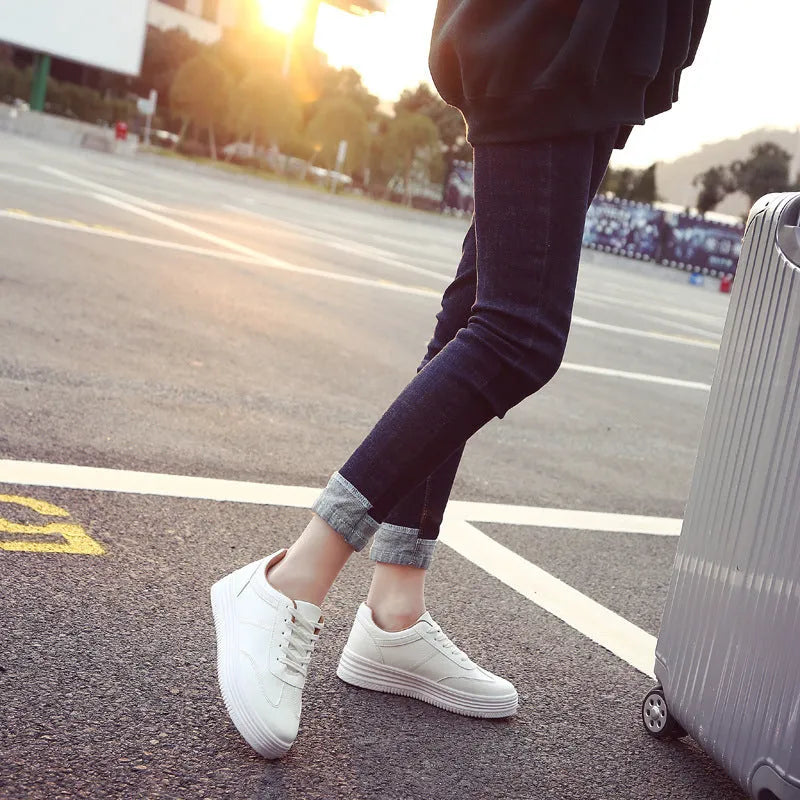 Women's solid leather platform shoes in white, side view, sizes 35-40
