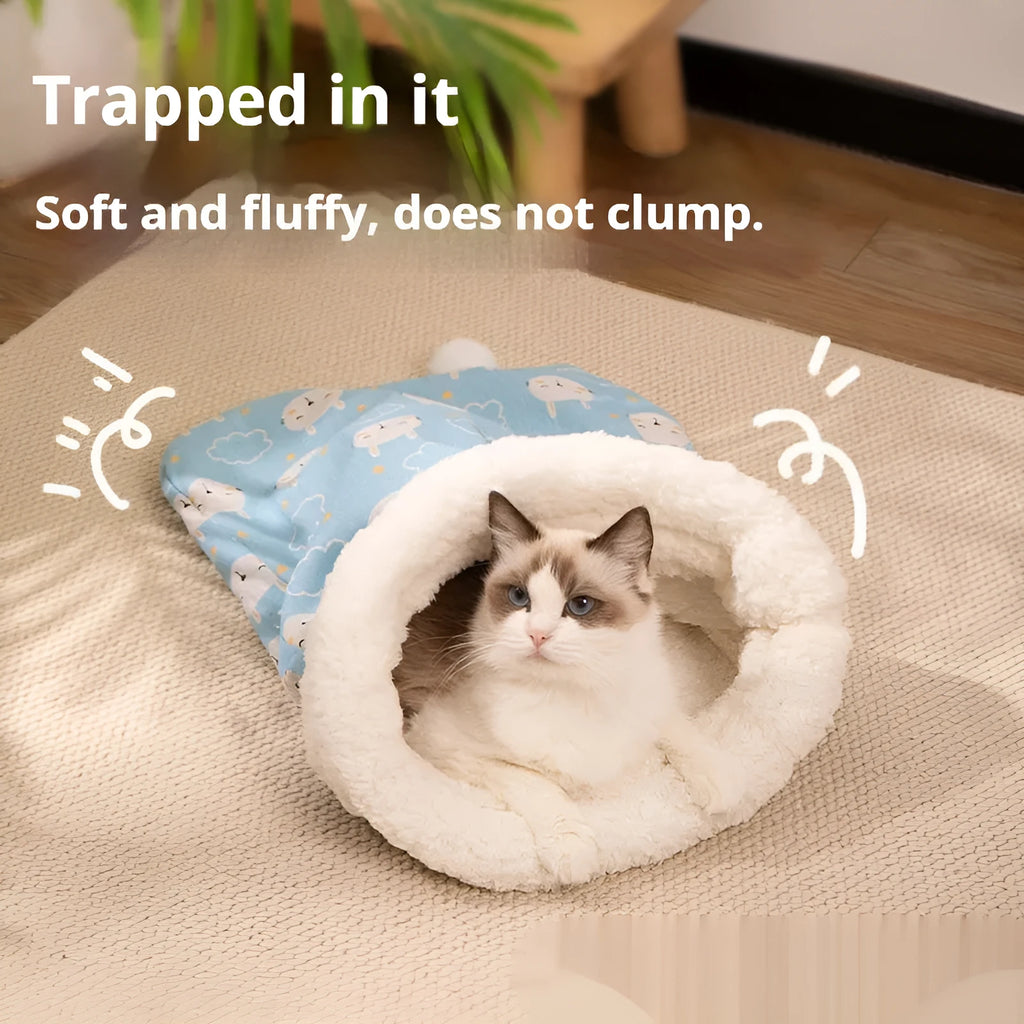 Cat sleeping bag nest pet bed measuring 50x40cm in flannel fabric with enclosed design