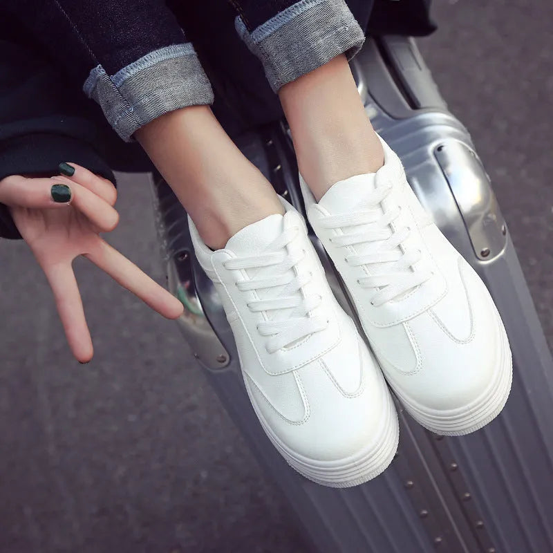 Women's solid leather platform shoes in white, side view, sizes 35-40