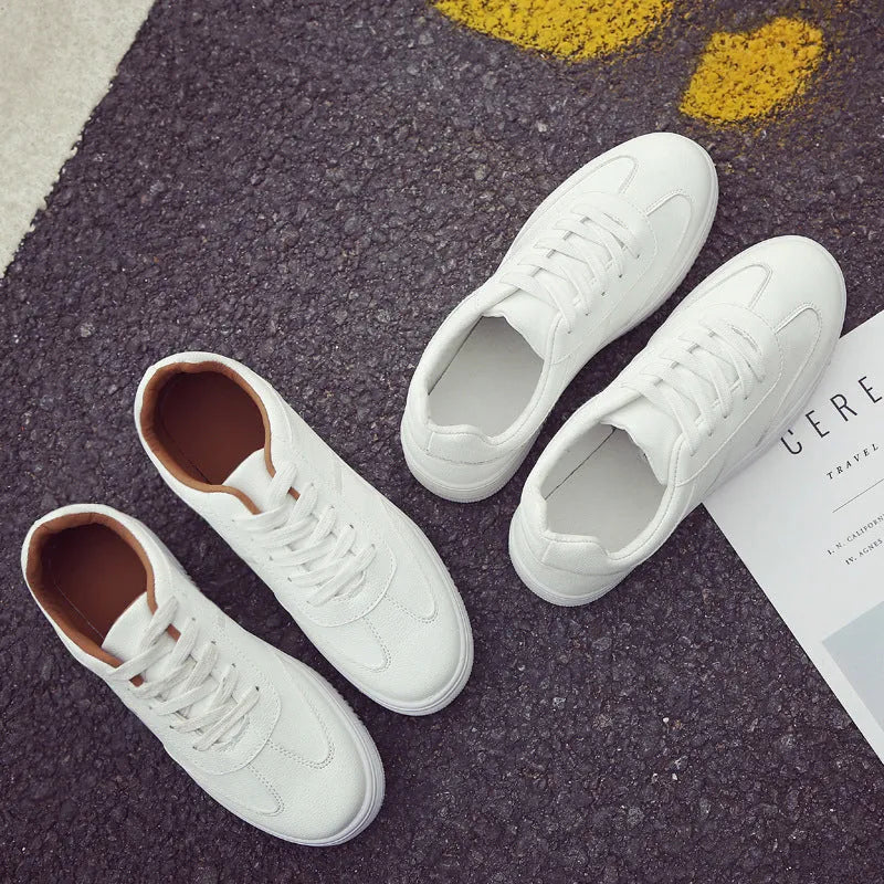 Women's solid leather platform shoes in white, side view, sizes 35-40