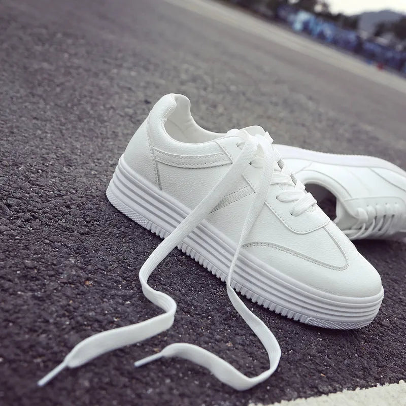 Women's solid leather platform shoes in white, side view, sizes 35-40