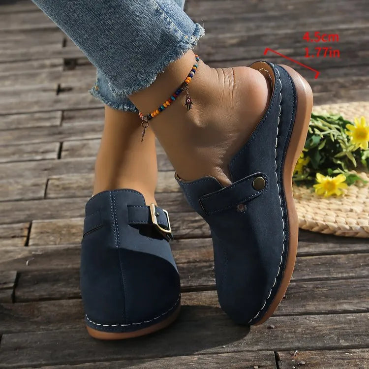 Women's casual wedge slippers in light brown with cloth upper and rubber sole