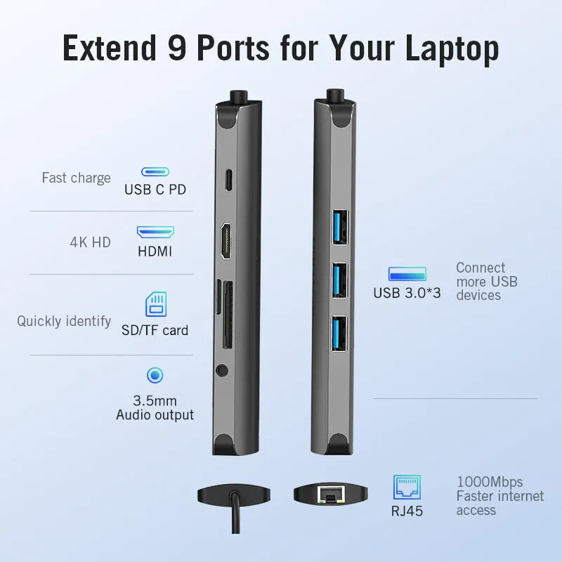 Deep grey USB-C to HDMI, USB 3.0, Ethernet, and card reader hub adapter on a desk.