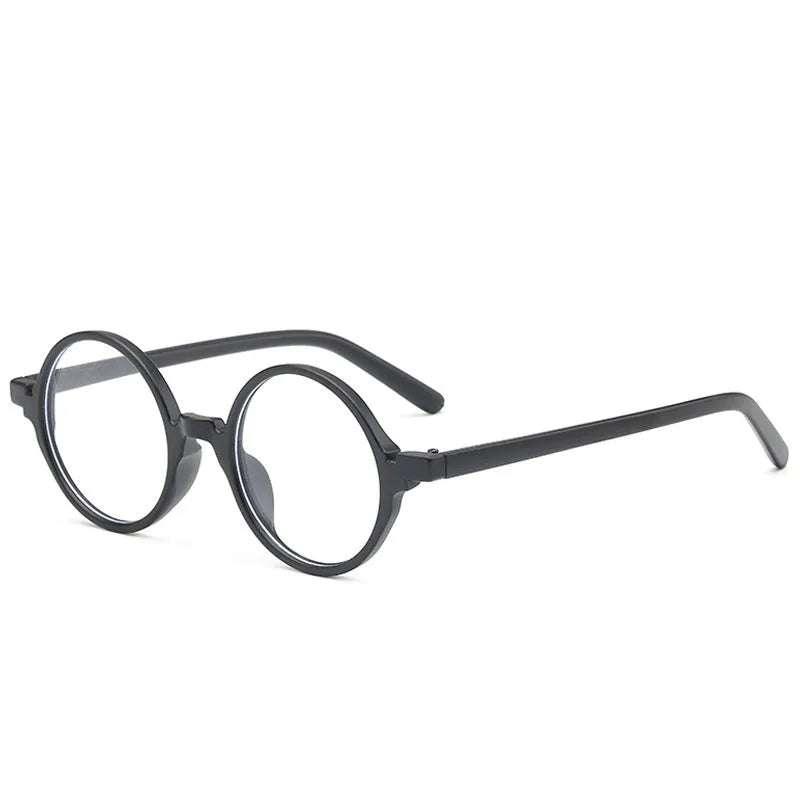 Retro round flat mirror glasses in bright black, sand black, tofu pudding, and transparent grey frame colours.