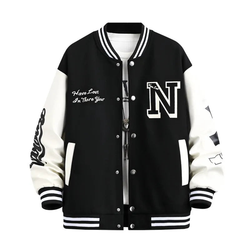 Men's letter print colour block jacket loose fit round neck button front casual coat black