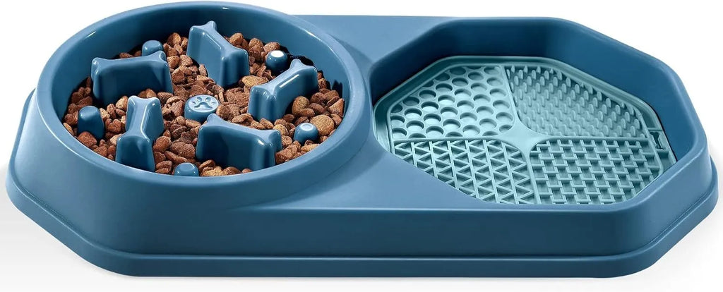 Blue slow feeder dog bowl with raised puzzle maze pattern and non-slip pads, shown from above.