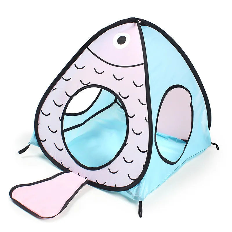 Foldable cat tunnel pet tent with three-piece design in cat and fish pattern
