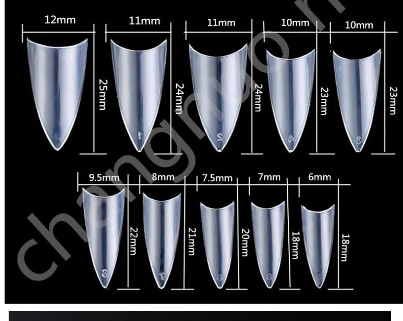 500 natural fake nail tips ABS half-tip pointed shape 10 sizes 7-13mm width