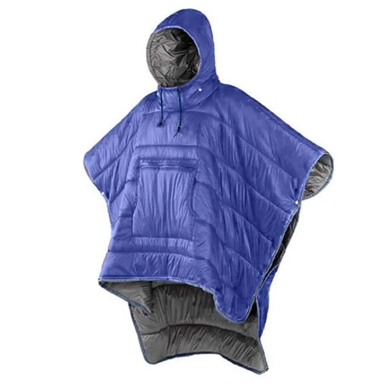 Outdoor cloak sleeping bag shown as wearable cape and as traditional sleeping bag
