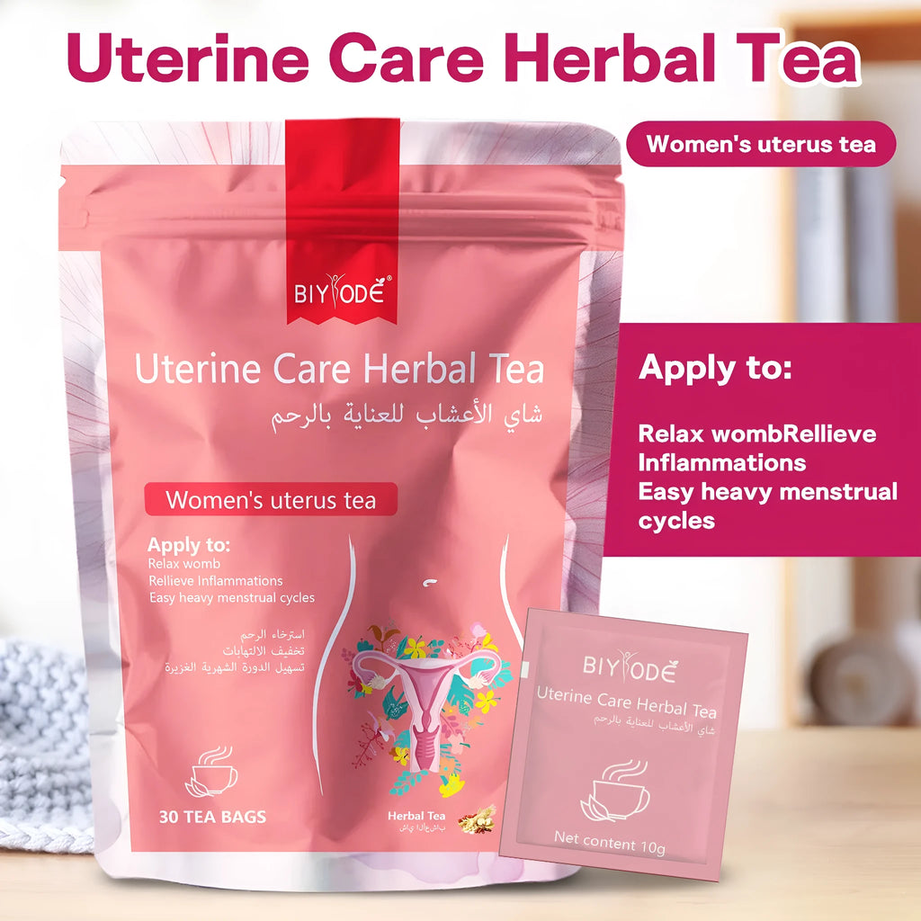 Bottle of uterine care herbal tea with 30 tea bags, GMP and HALAL certified, for women's daily wellness