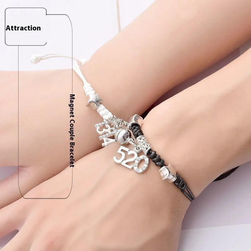 Alloy magnetic suction bracelet pair for couples with symbolic design options