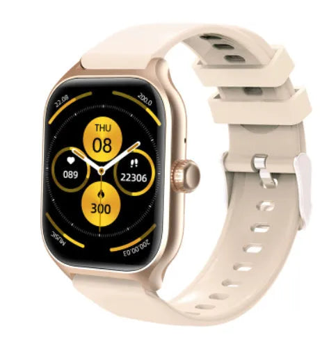 Bluetooth smart watch with full touch screen and silicone strap for health monitoring.