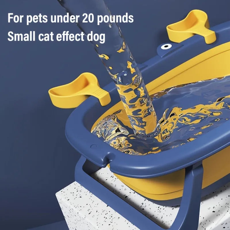 Foldable blue portable pet bath tub with removable centrepiece for small dogs and cats.