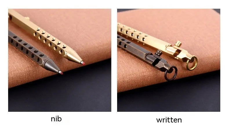 Brass hexagonal retro bolt pen with a 0.5mm tip shown next to a refill.