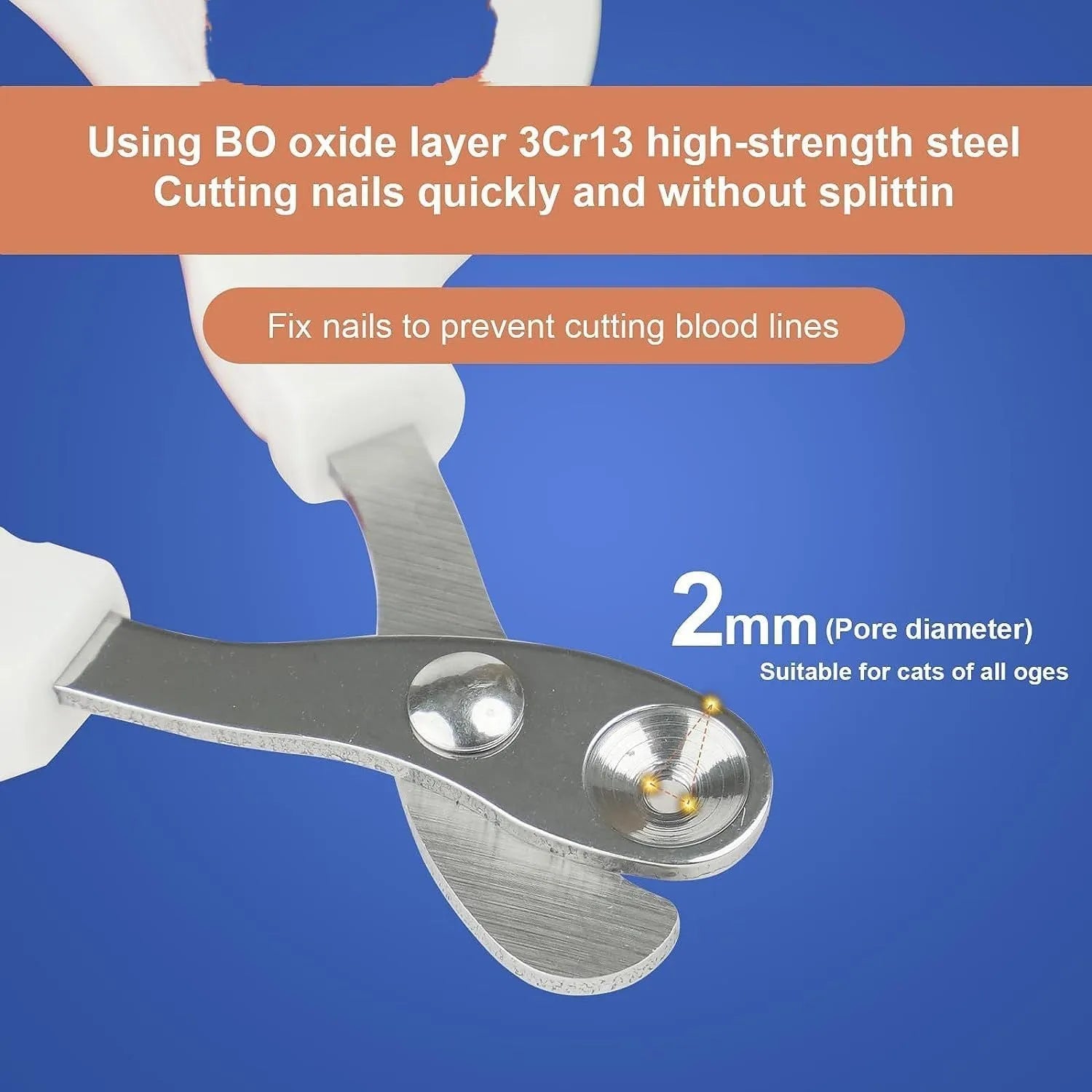 Blue pet nail clippers with a circular cutting hole and non-slip handle for trimming cat nails.