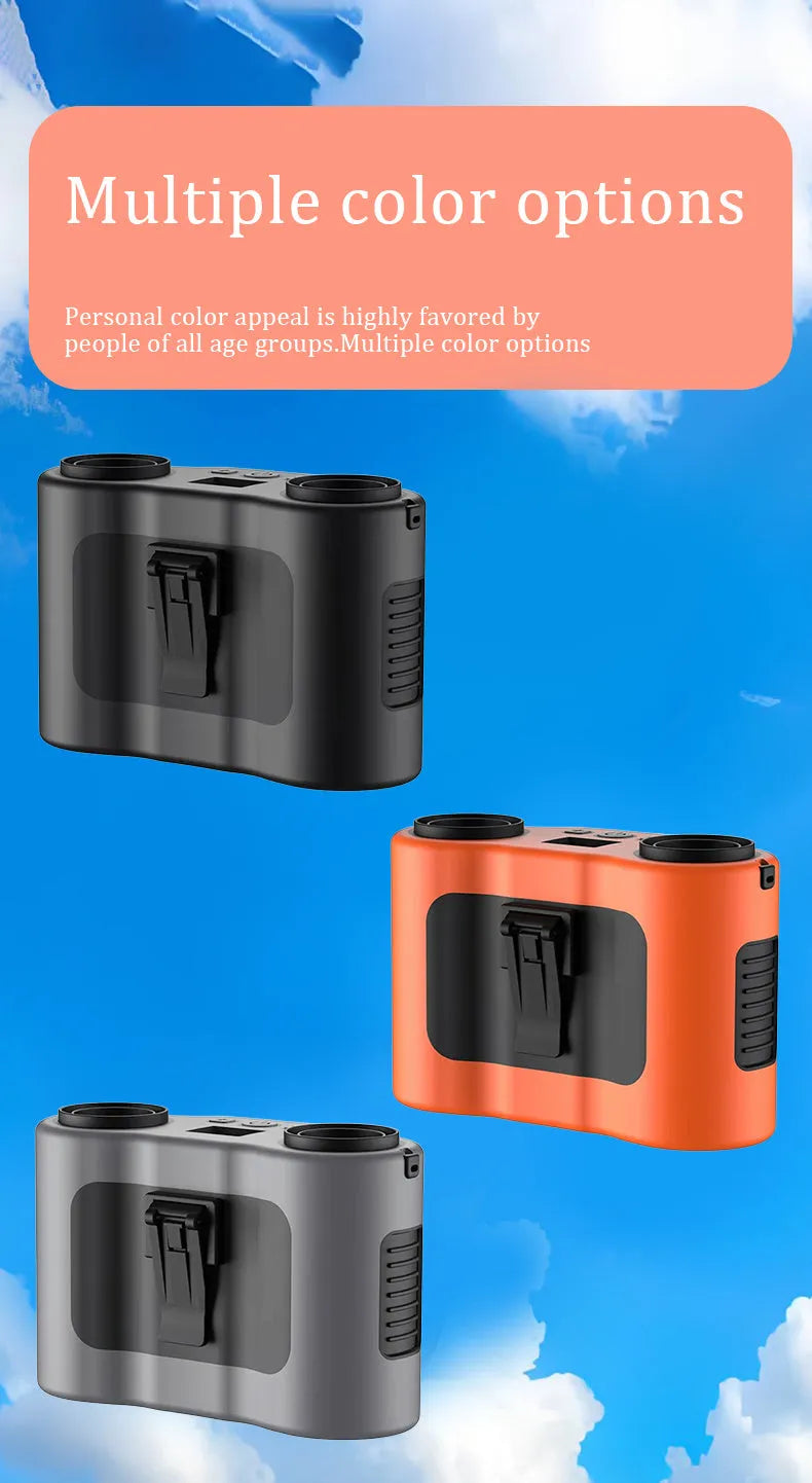 Black waist-hung portable fan showing lanyard attachment and top control button.