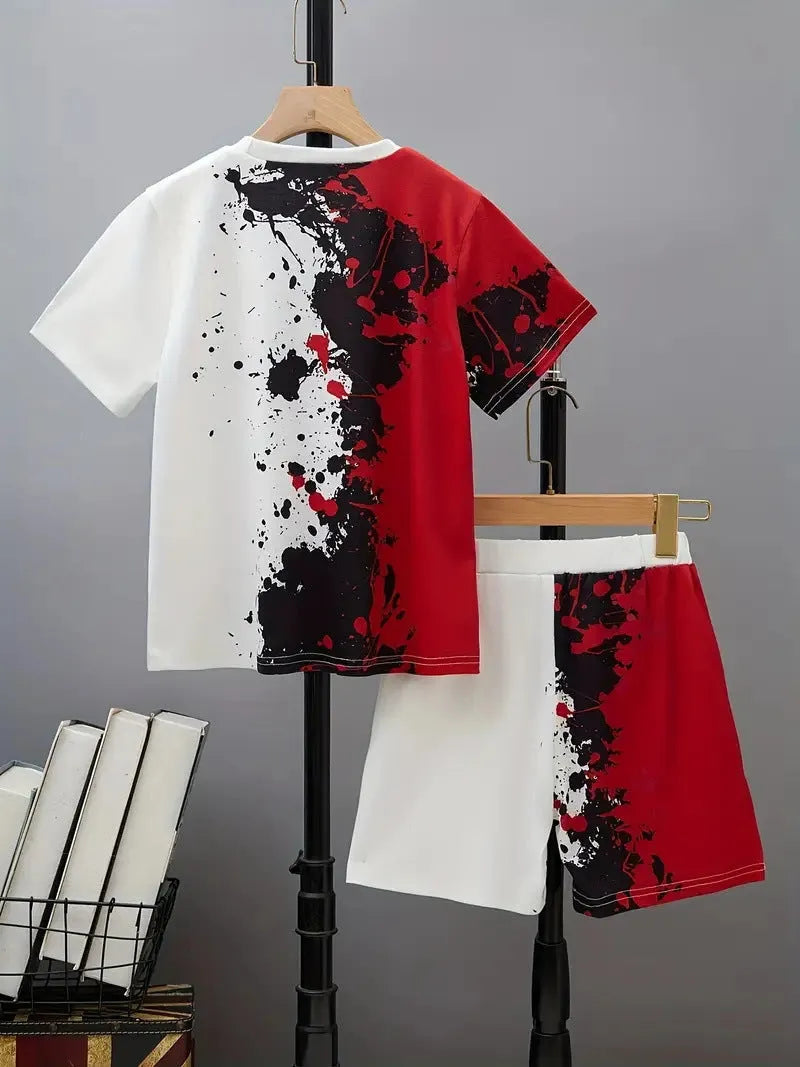 Boys' short sleeve cotton blend t-shirt and shorts set with animal pattern, available in multiple colours