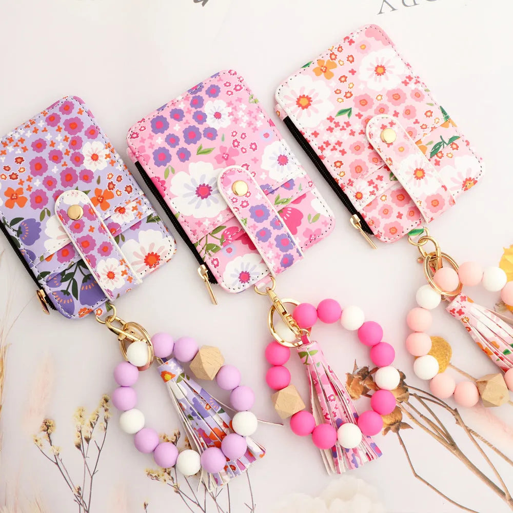 Women's floral print leather card bag in light pink, modern style card holder
