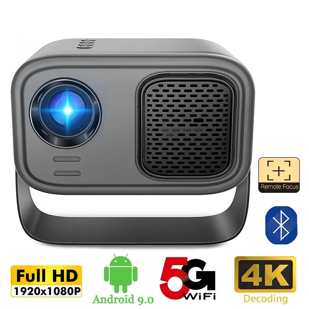 Black portable HD smart projector with remote control on table