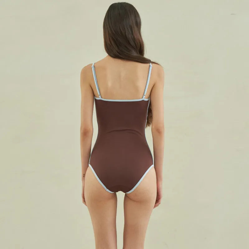 Brown triangle style one-piece swimsuit for women in nylon fabric