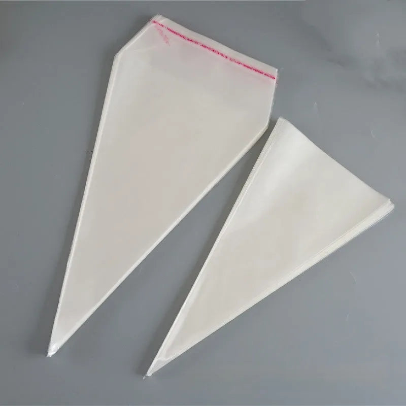 Clear triangular plastic packaging bag with a white tie wire closure, shown in three different sizes.