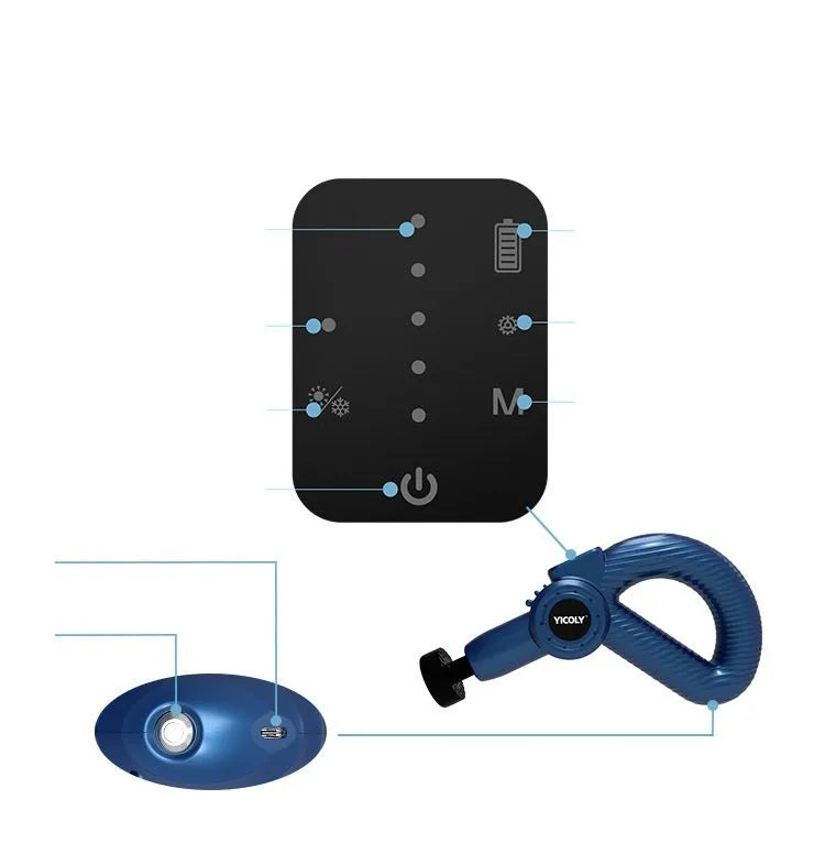 Black smart muscle massage gun with five attached massage heads on a table