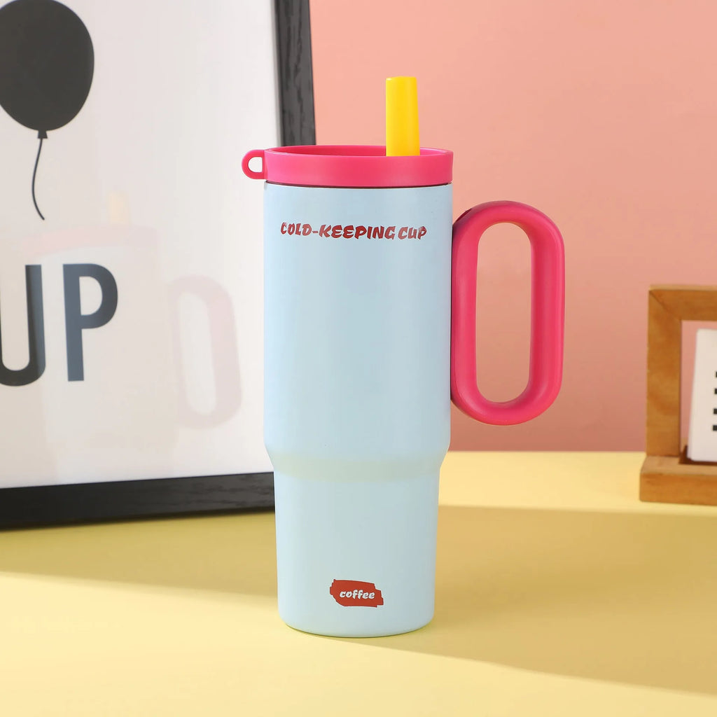 Large insulated straw cup with handle in multiple colour options showing temperature retention features
