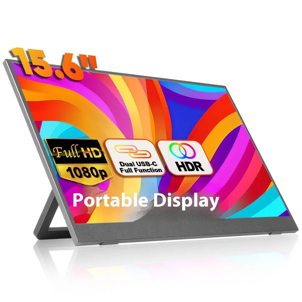 15.6-inch black portable monitor with adjustable stand on a desk next to a laptop