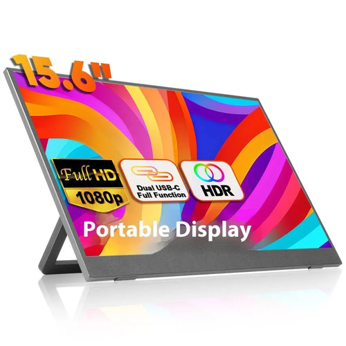 15.6-inch black portable monitor with adjustable stand on a desk next to a laptop