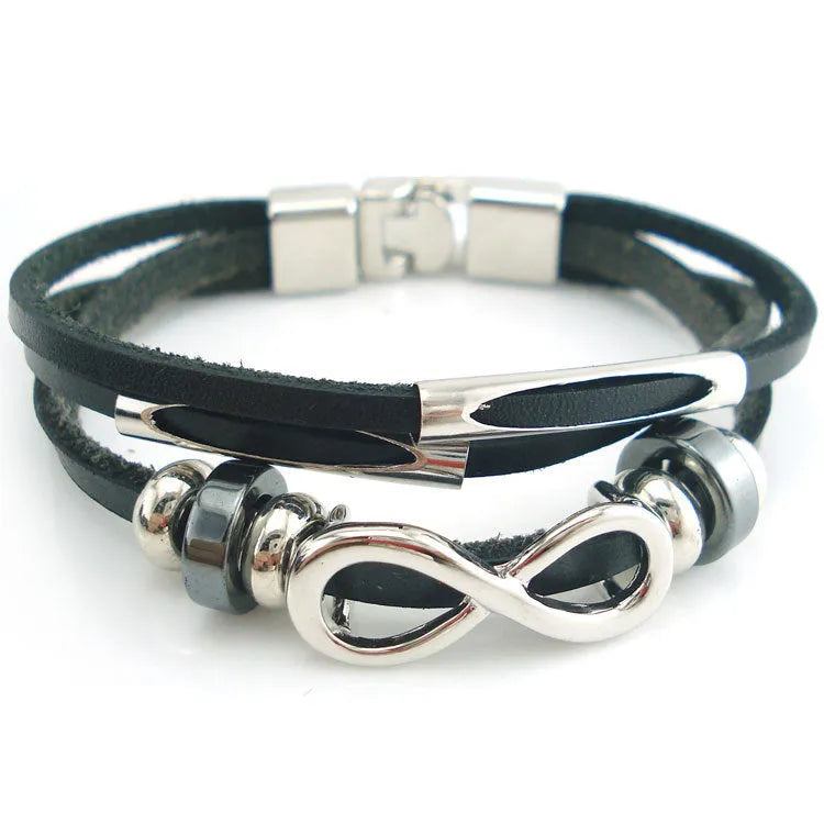 Men's leather bracelet retro geometry design black colour 21cm total length metal fitting