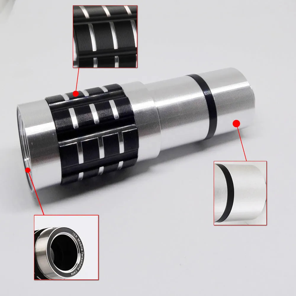 12x telescopic zoom lens with universal collar clip for mobile phone photography