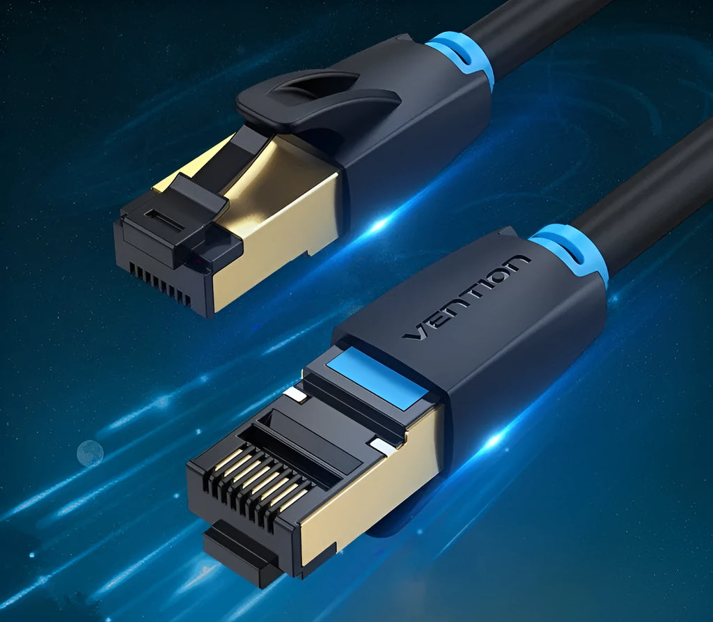 CAT8 flat and round Ethernet network cables with RJ45 connectors in various lengths from 0.5 to 10 metres.