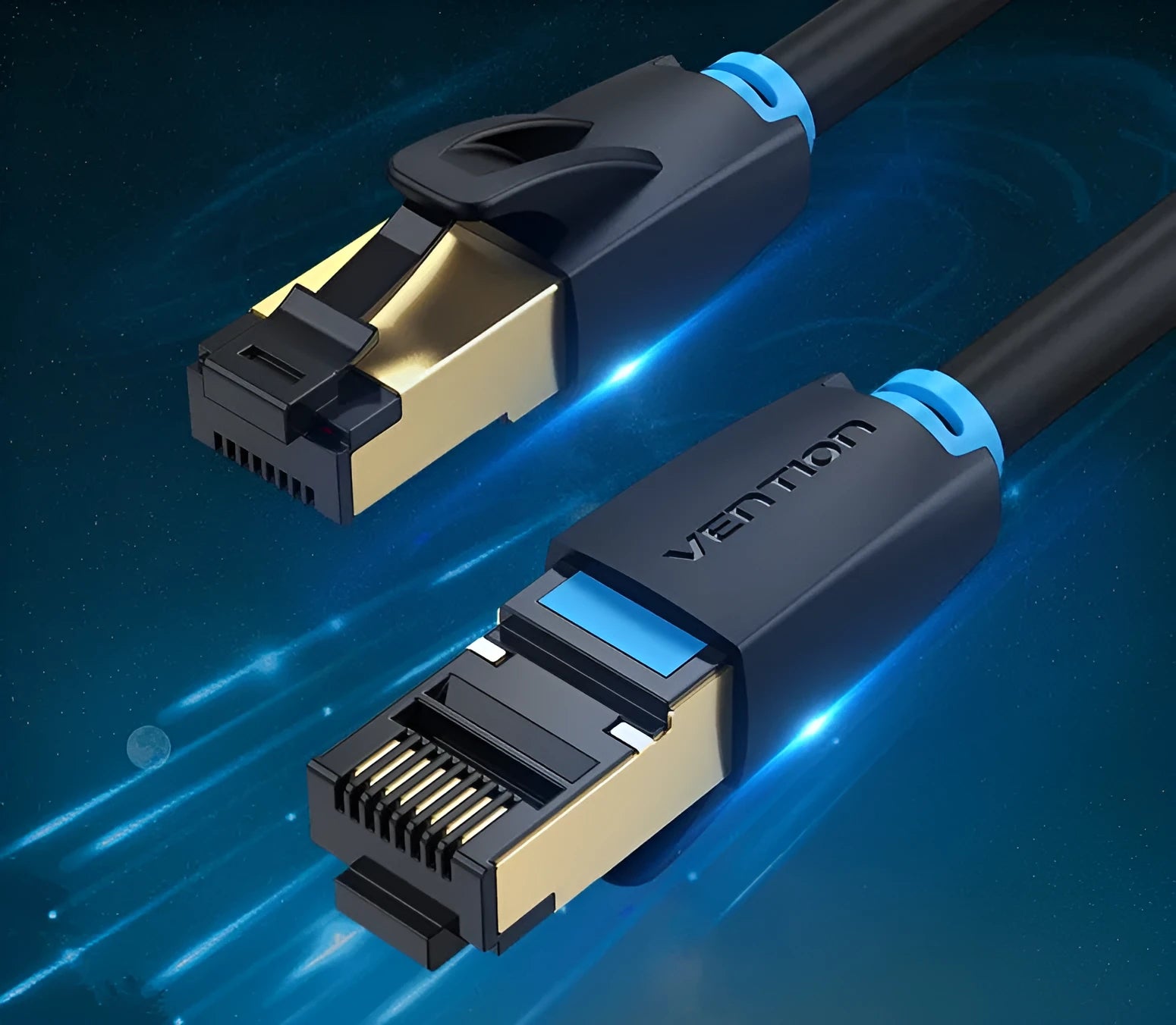 CAT8 flat and round Ethernet network cables with RJ45 connectors in various lengths from 0.5 to 10 metres.