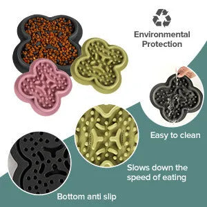 Silicone pet licking pad slow feeder mat in assorted colours on a floor