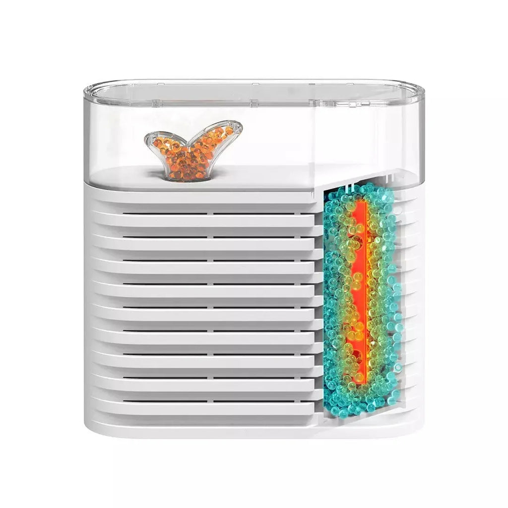 White cabinet dehumidifier box with transparent top showing colour-changing silica gel beads, 150ml capacity