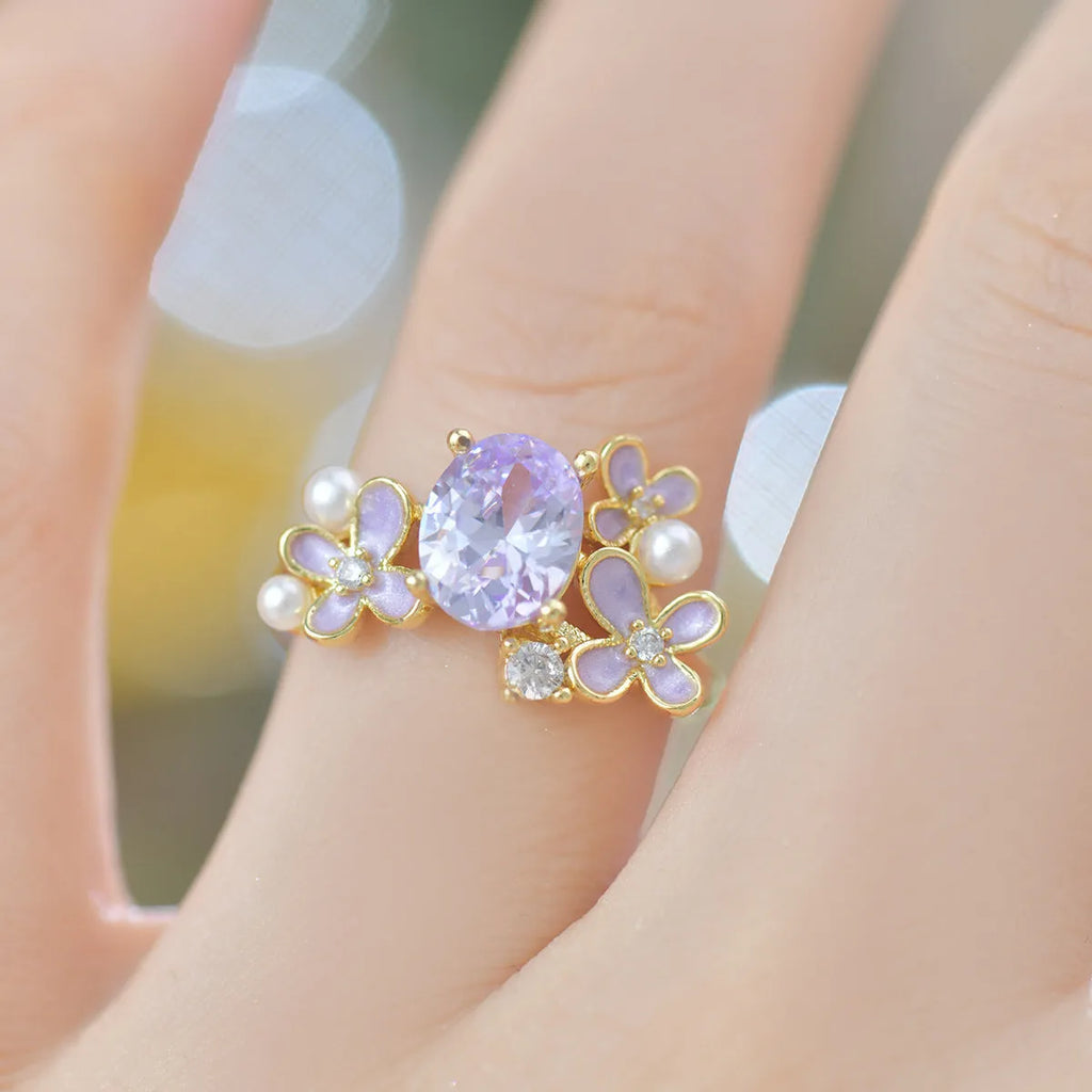 Flower pearl high-grade female zircon open ring in yellow copper metal sweet girl style