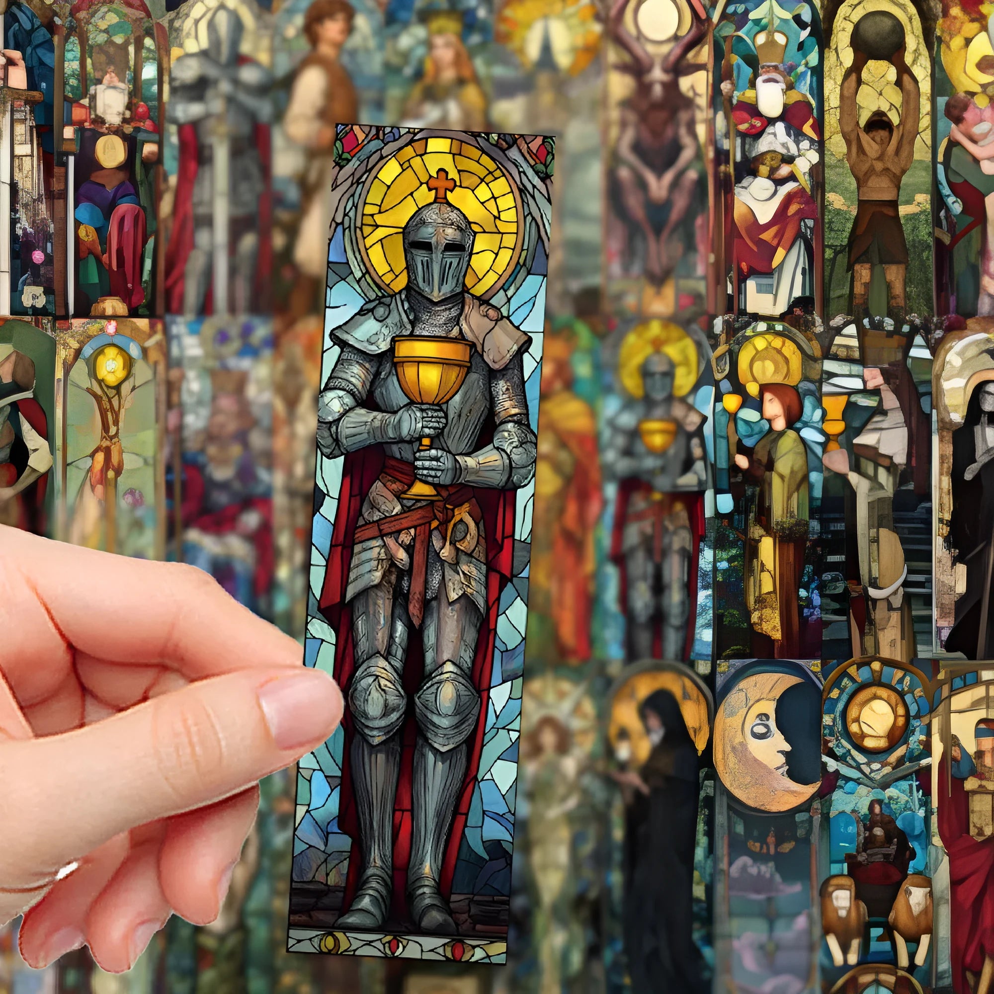 Set of 30 colourful painted glass tarot design paper bookmarks in a cute homemade style.