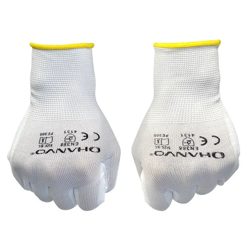 White PU coated work gloves showing flexible construction and 24cm length