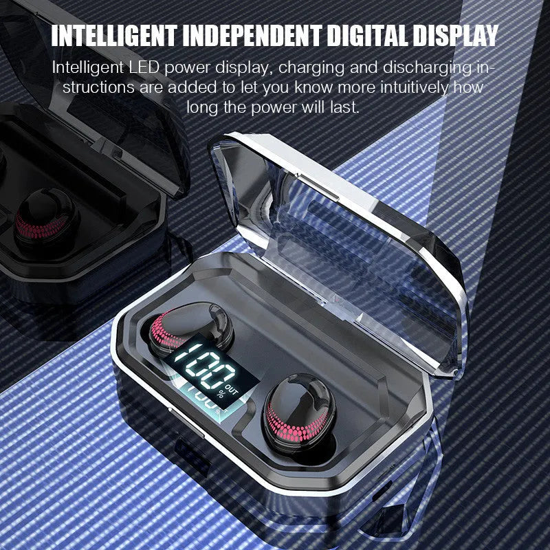 Black X10 Bluetooth wireless headset and its matching charging case on a solid background.