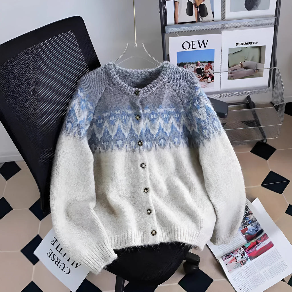Women's loose-fit jacquard knit sweater coat in milky white, brown, or navy blue.
