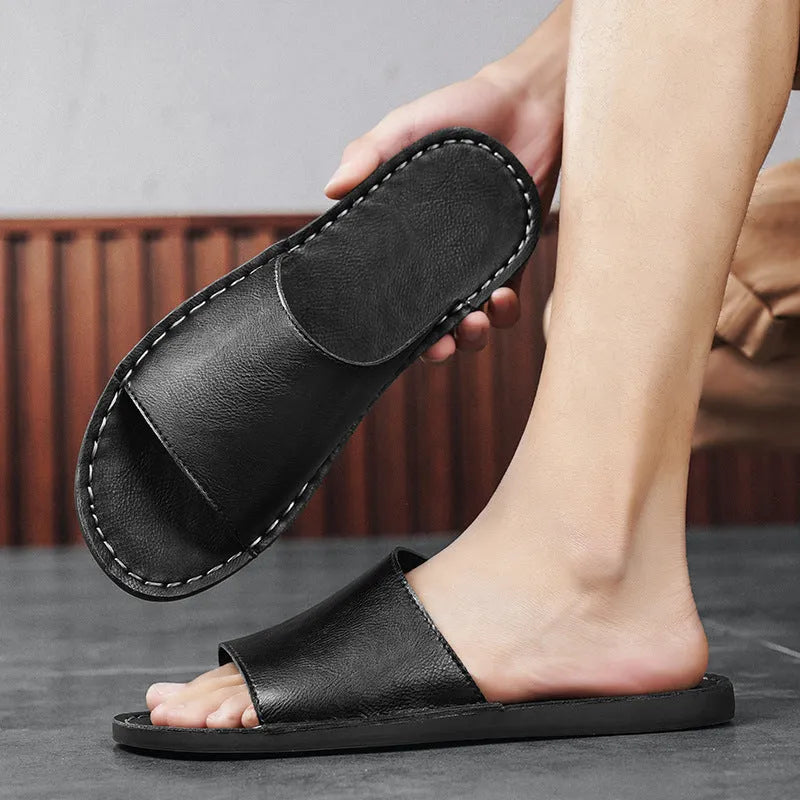 Men's brown leather sandals with rubber soles for summer casual wear