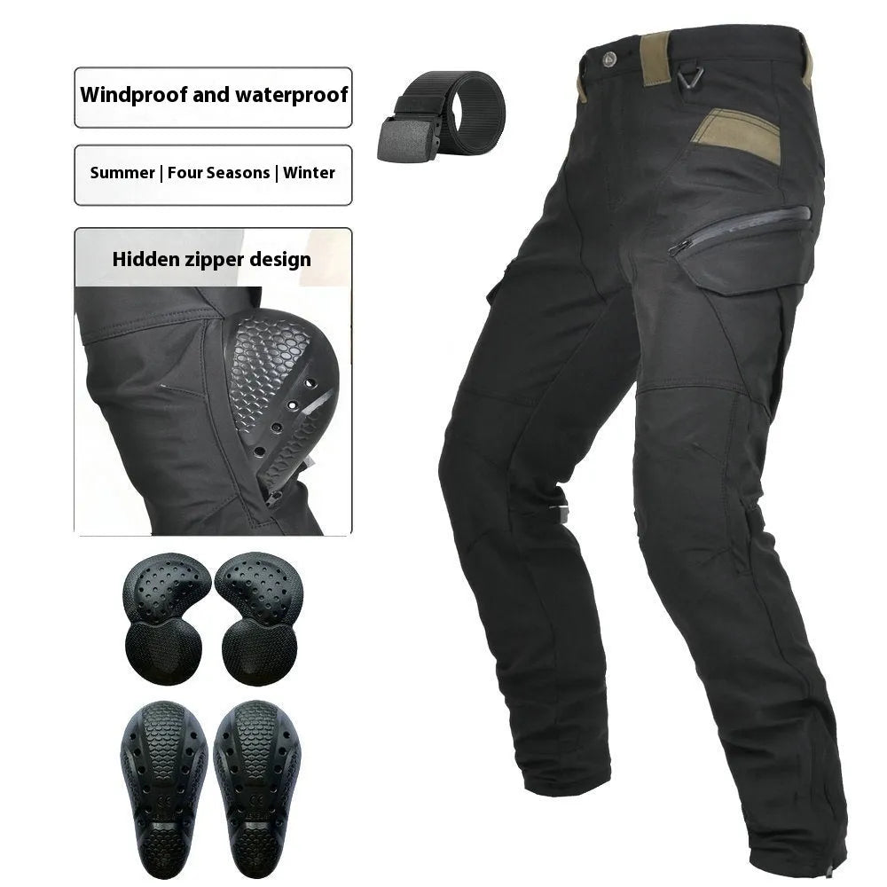 Men's green waterproof motorcycle trousers with belt and protective knee pads laid out flat.
