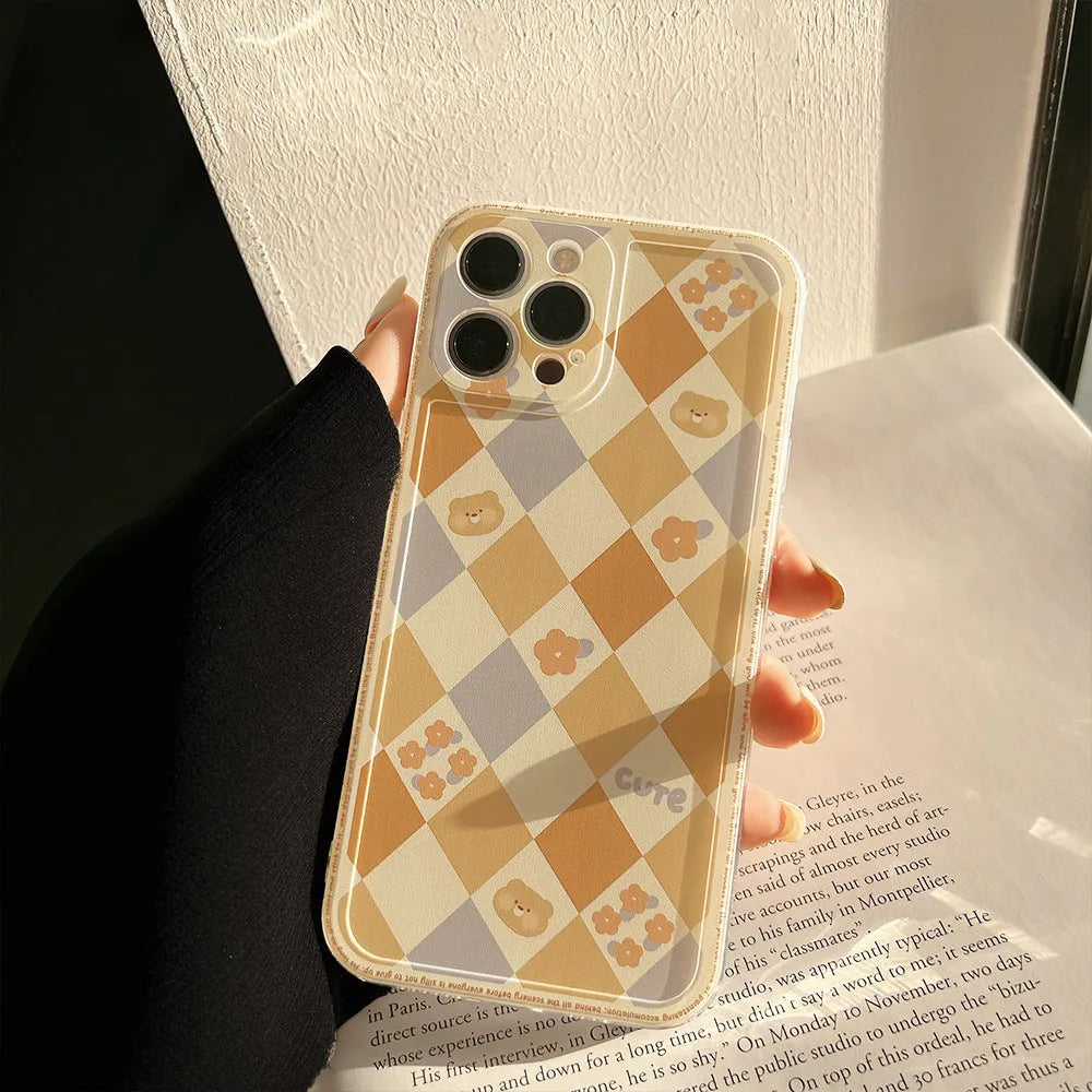 Soft TPU phone case with geometric rhombus grid checkerboard pattern for Apple iPhone protection